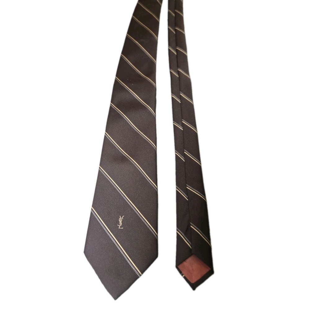 VTG Yves Saint Laurent Tie Mens Brown Gold Striped Polyester Monogram Logo YSL